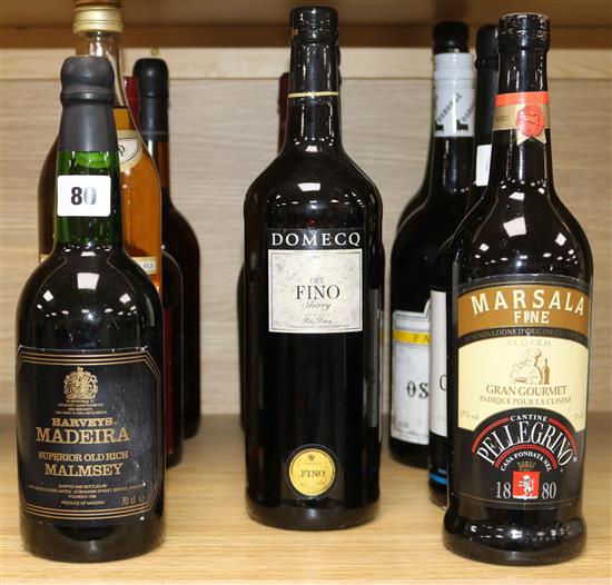 Seven assorted bottles of sherry, a Keo brandy, a Plessis Pineau, a marsala and a madeira